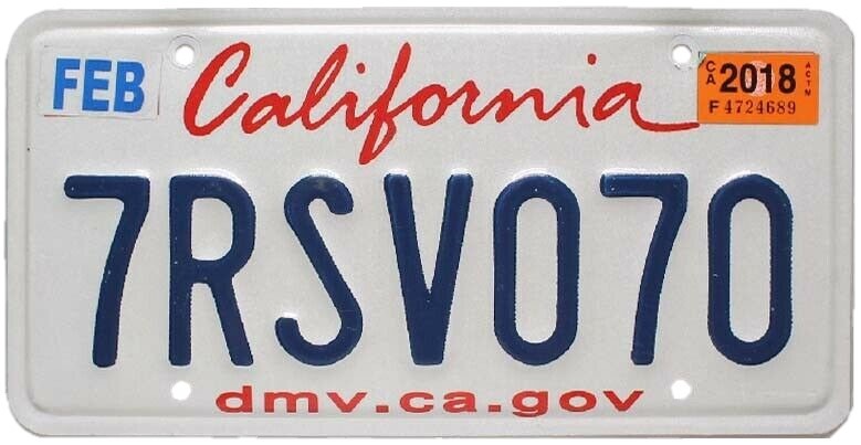 Standard-issue California white reflective license plate